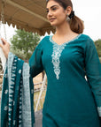CHIKANKARI WOVEN COTTON GREEN DRESS MATERIAL WITH COTTON SILK DUPATTA