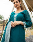 CHIKANKARI WOVEN COTTON GREEN DRESS MATERIAL WITH COTTON SILK DUPATTA