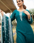 CHIKANKARI WOVEN COTTON GREEN DRESS MATERIAL WITH COTTON SILK DUPATTA