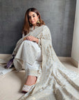 COTTON JACQUARD ZARI WOVEN WHITE DRESS MATERIAL WITH COTTON SILK DUPATTA