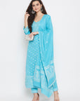 Cotton Jacquard Zari Woven Ferozi Dress Material with Cotton Silk Dupatta