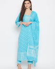 Cotton Jacquard Zari Woven Ferozi Dress Material with Cotton Silk Dupatta