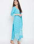 Cotton Jacquard Zari Woven Ferozi Dress Material with Cotton Silk Dupatta