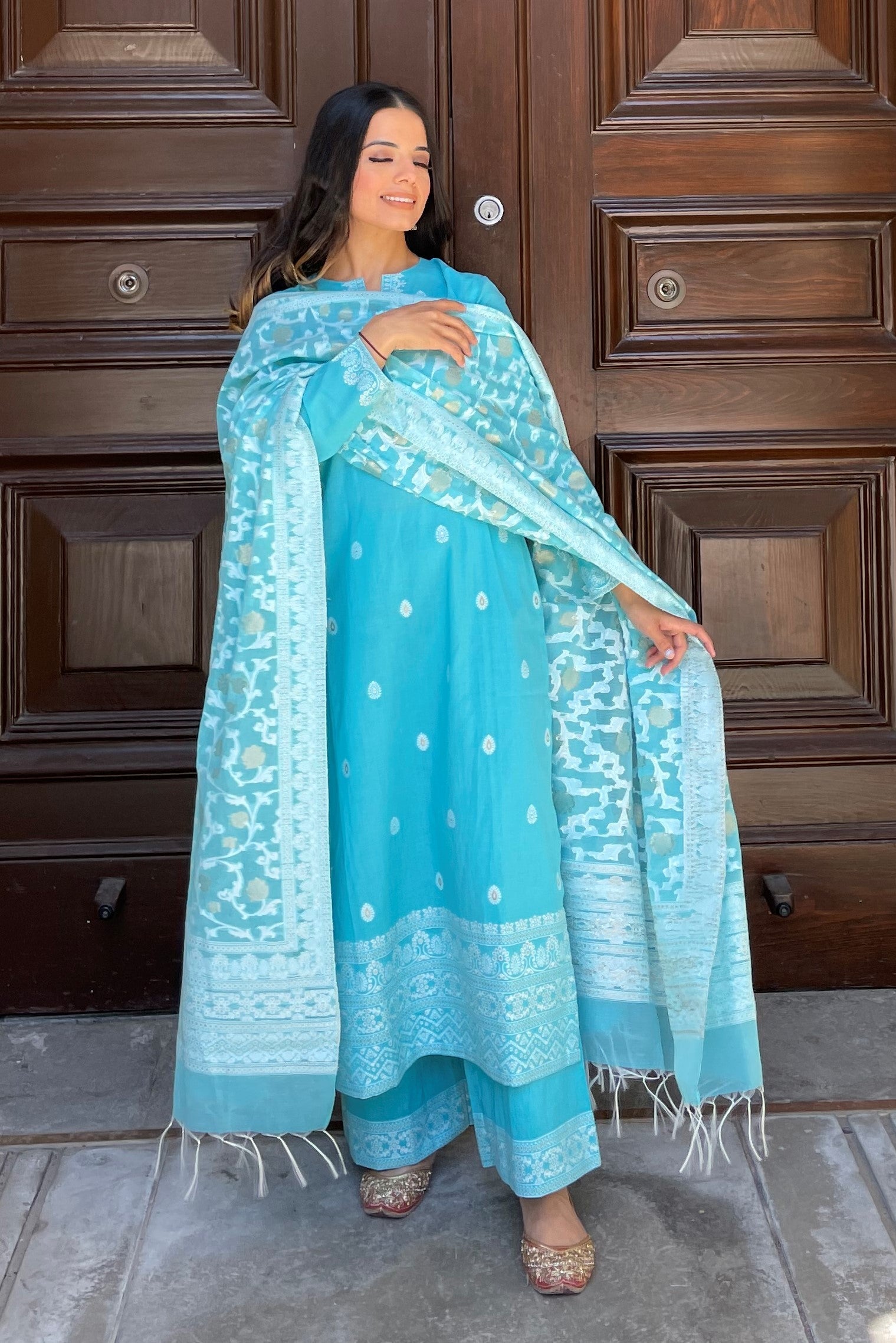 Cotton Woven Chikankari with Zari Design Unstitched Dress Material With Dupatta