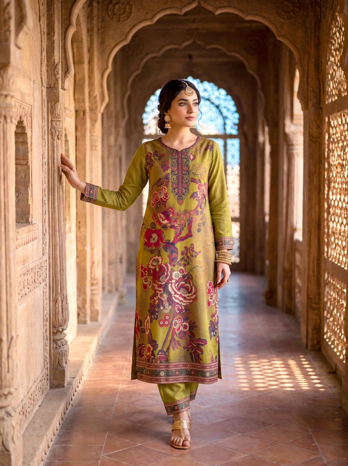 HOLDIT Arshiya 01 Women's Unstitched Viscose Suit Dress Material – Mehndi Green – front