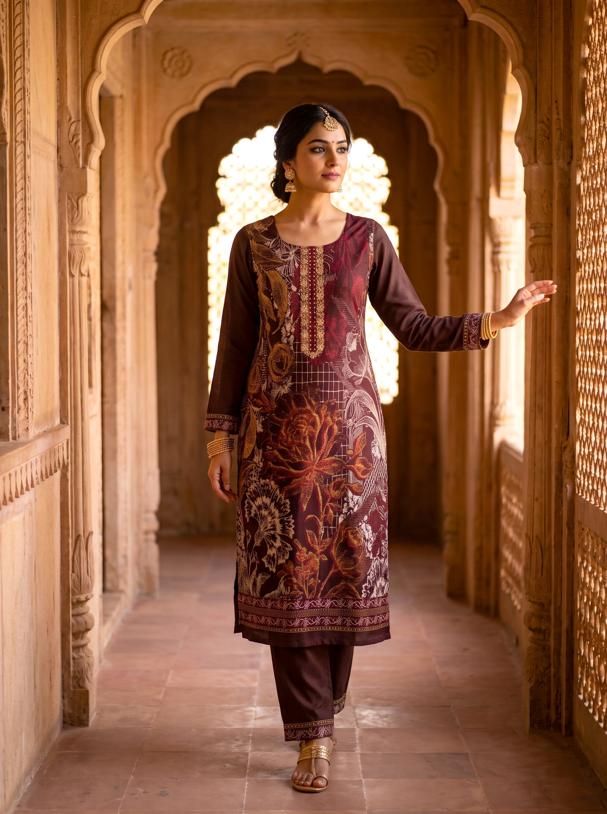 HOLDIT Arshiya 05 Women's Unstitched Viscose Suit Dress Material – Coffee Brown – front