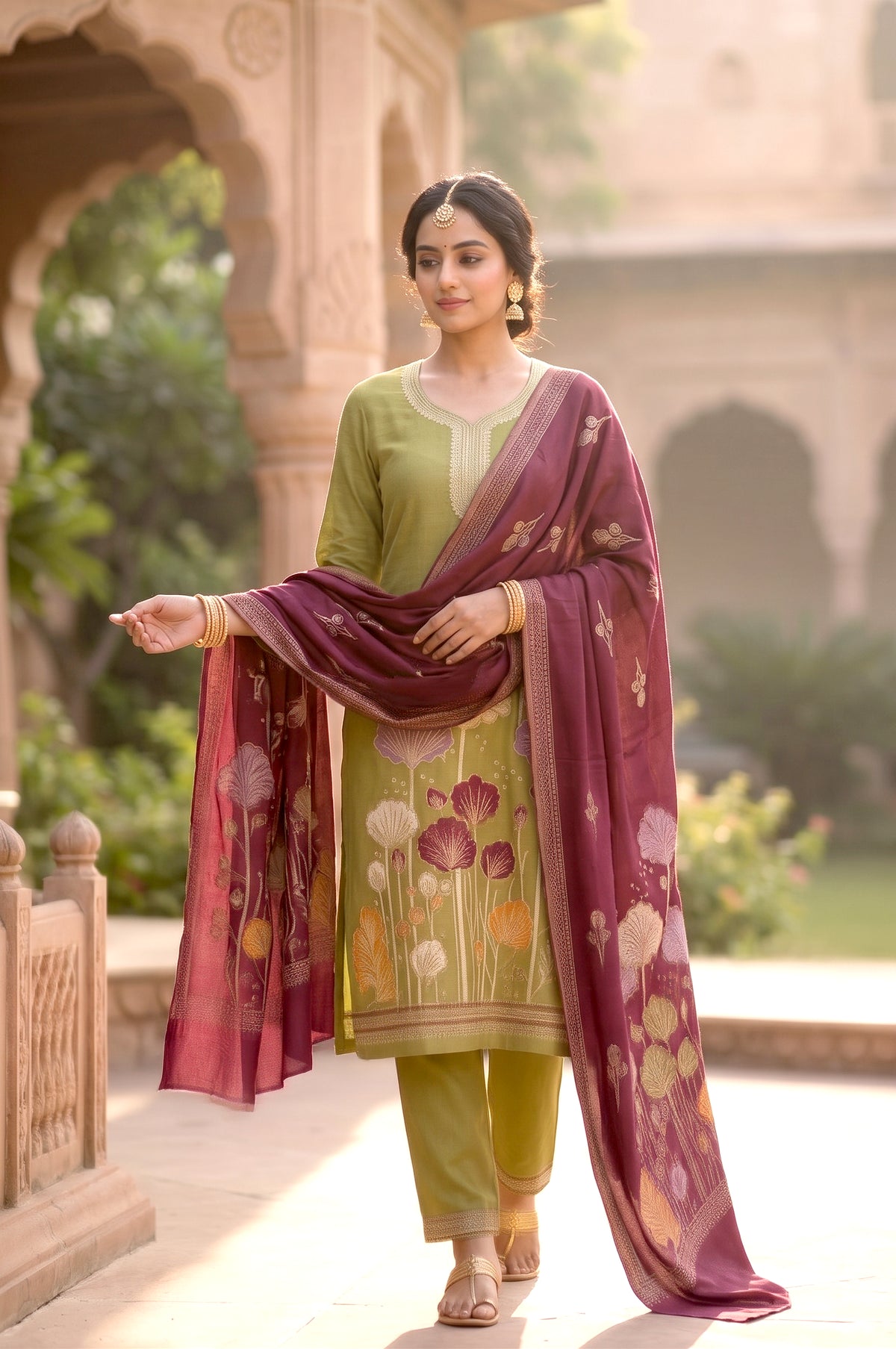 HOLDIT Arzoo 02 Women's Unstitched Viscose Suit Dress Material – Mehndi Green – front