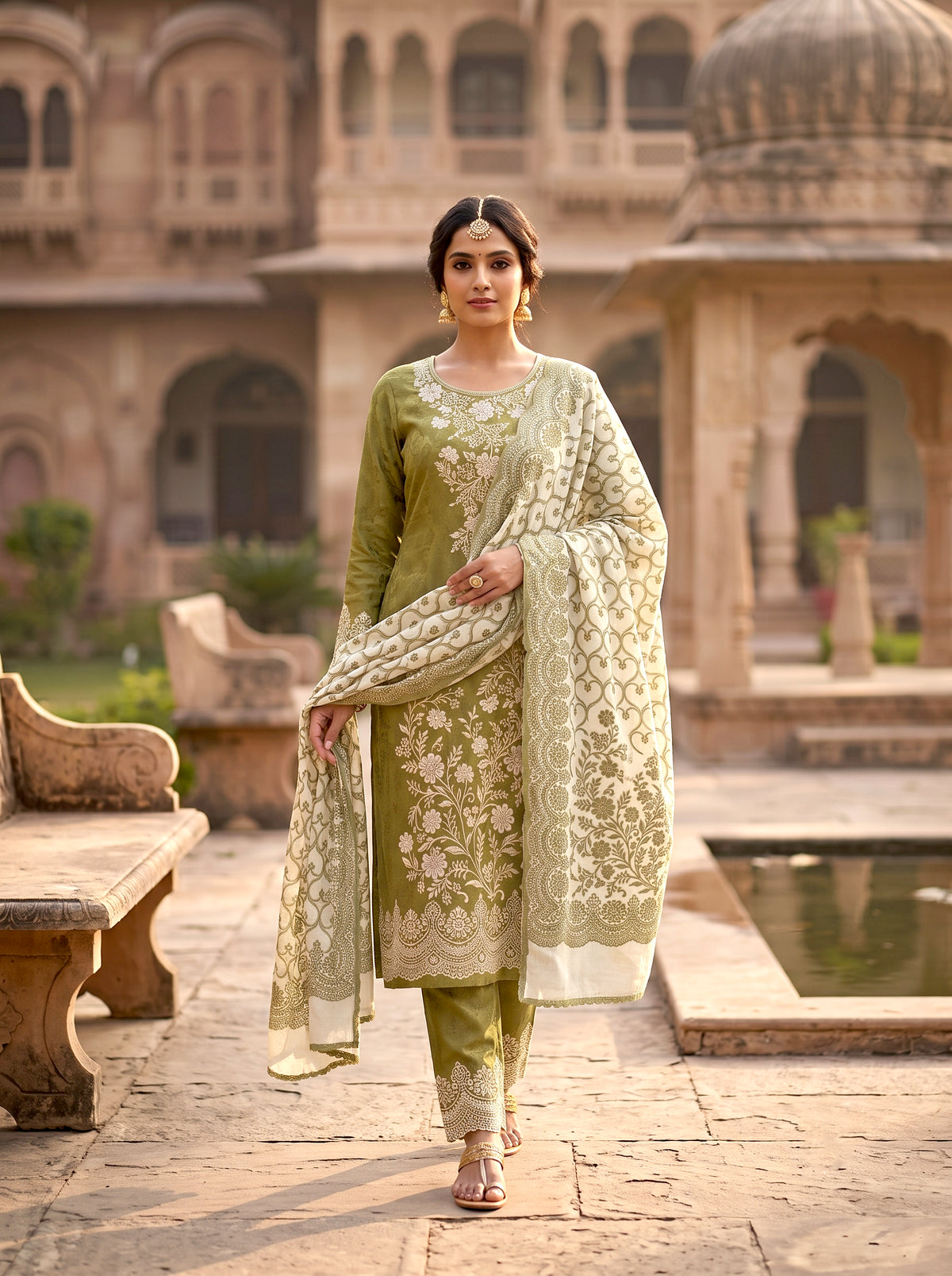 HOLDIT Khushboo 02 Women's Unstitched Viscose Suit Dress Material – Mehndi Green – front