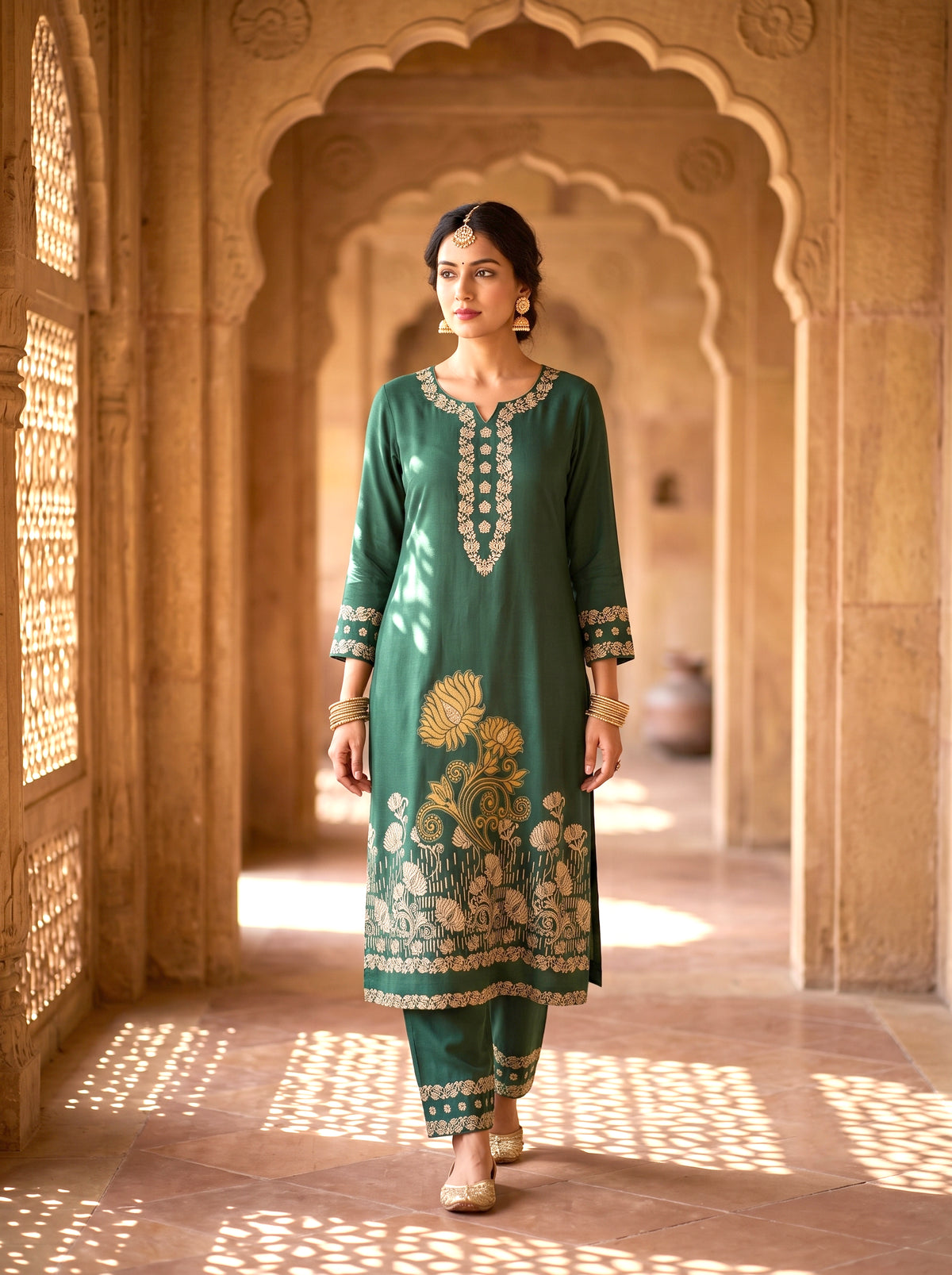 HOLDIT Kusum 03 Women's Unstitched Viscose Suit Dress Material – Bottle Green – front