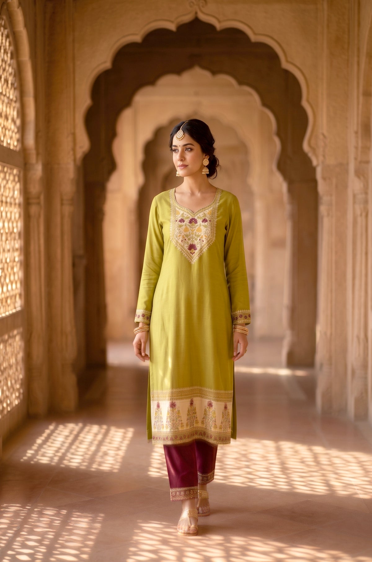 HOLDIT Liyana 02 Women's Unstitched Viscose Suit Dress Material – Mehndi Green – front