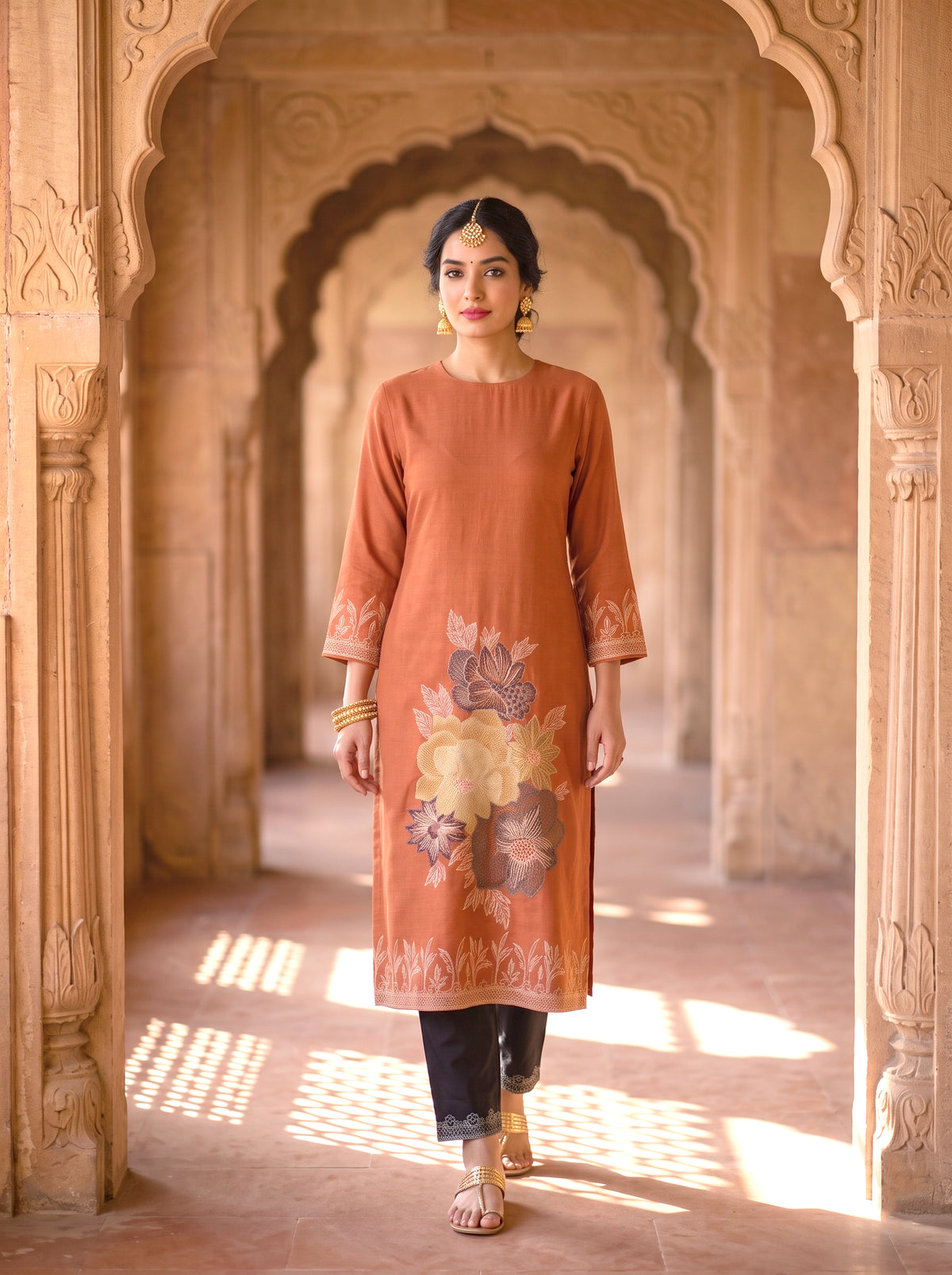 HOLDIT Rehmat 04 Women's Unstitched Viscose Suit Dress Material – Rust – front