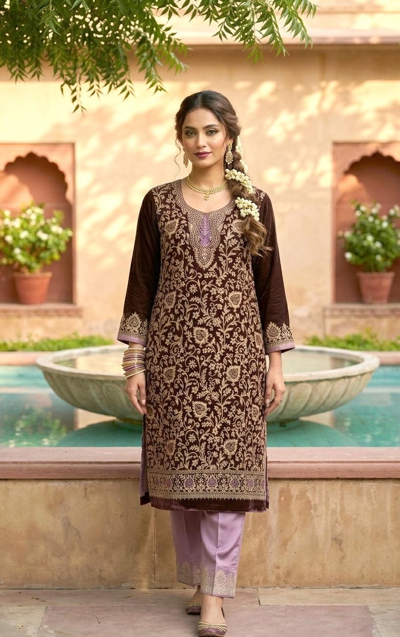 SAFAA Salima 08 Women's Unstitched Woolen Suit Dress Material – Coffee Brown – front