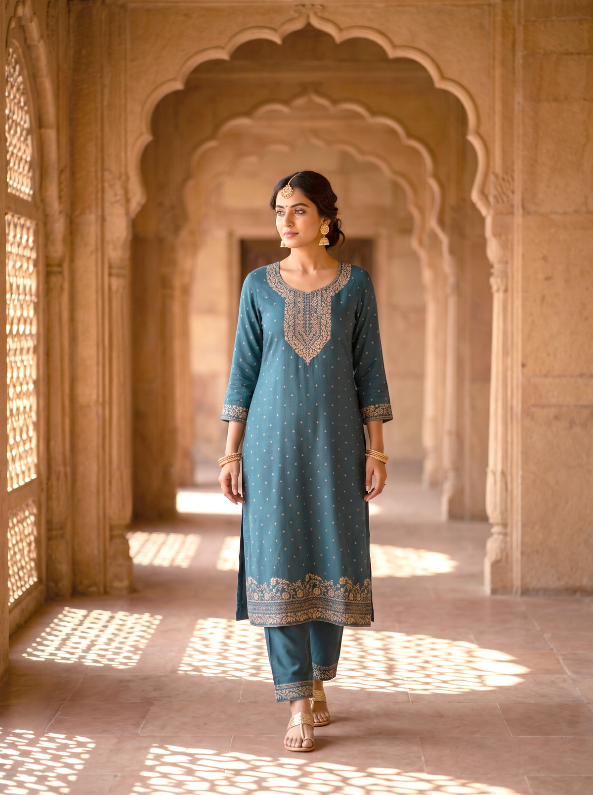 SAFAA Uzma 02 Women's Unstitched Woolen Suit Dress Material – Teal – front