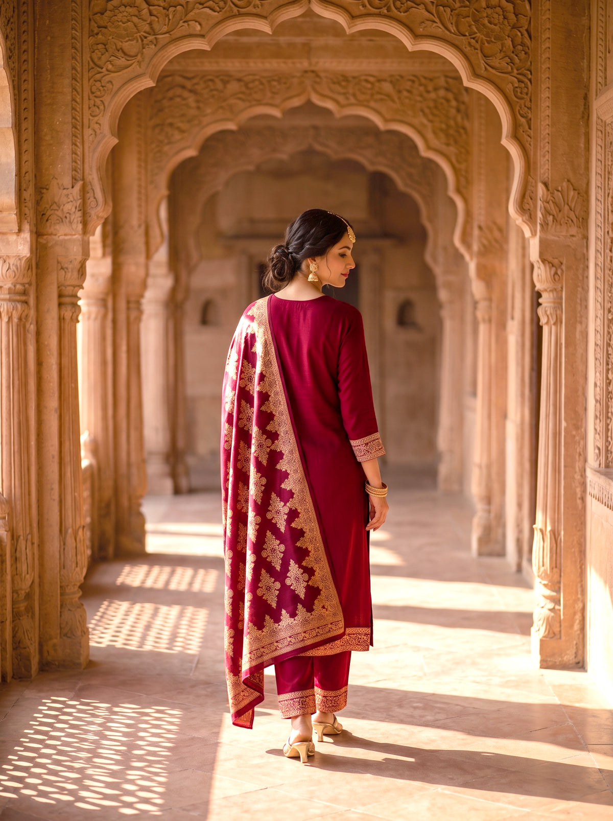 SAFAA Uzma 03 Women's Unstitched Woolen Suit Dress Material – Maroon – view 2