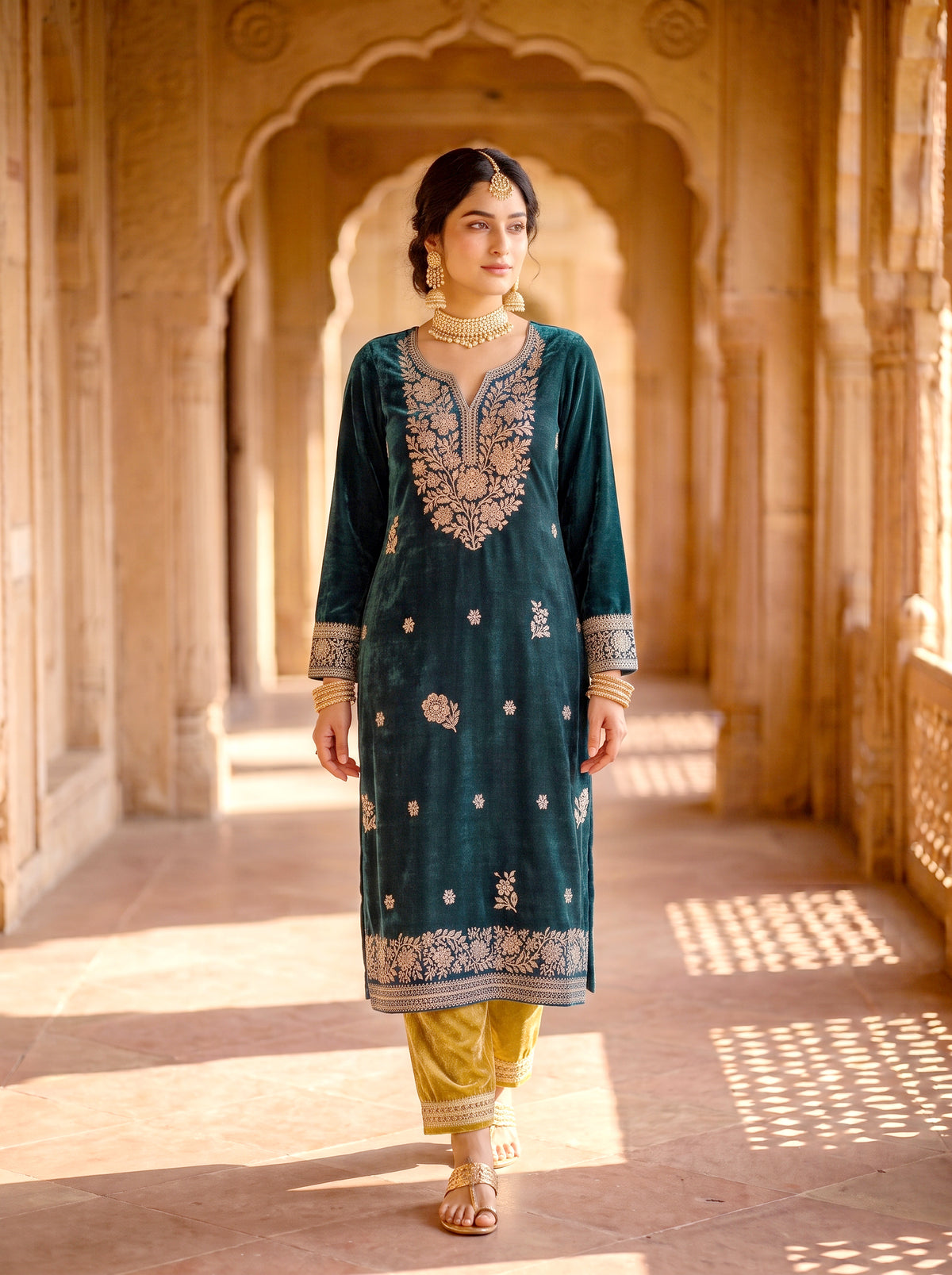 SAFAA Momin 01 Women's Unstitched Acro Wool Velvet Pakistani Suit Dress Material – Teal – front