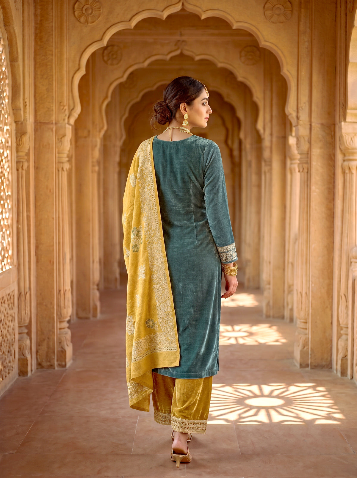 SAFAA Momin 01 Women's Unstitched Acro Wool Velvet Pakistani Suit Dress Material – Teal – view 2
