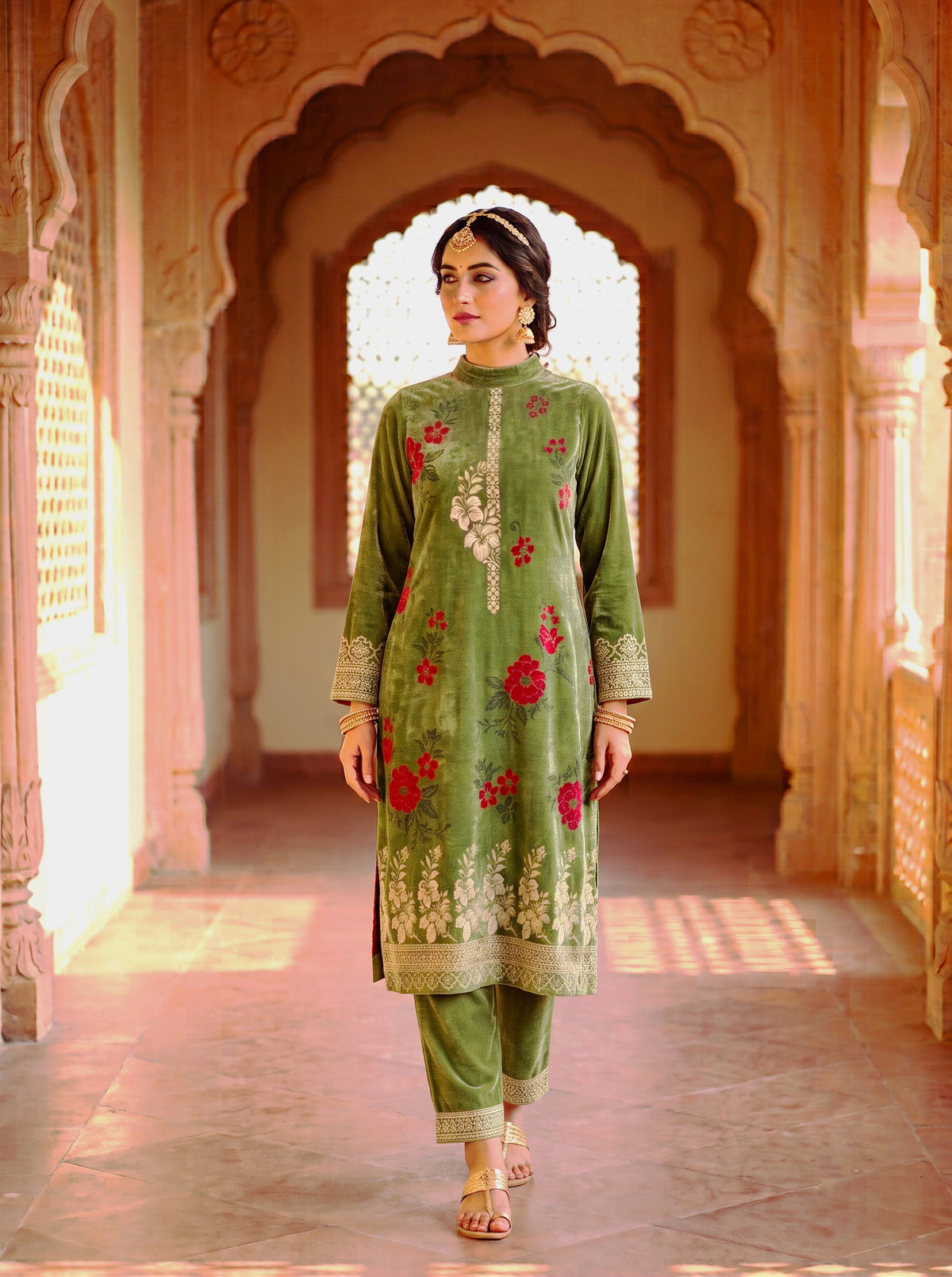 SAFAA Hafsa 02 Women's Unstitched Acro Wool Velvet Pakistani Suit Dress Material – Mehndi Green – front
