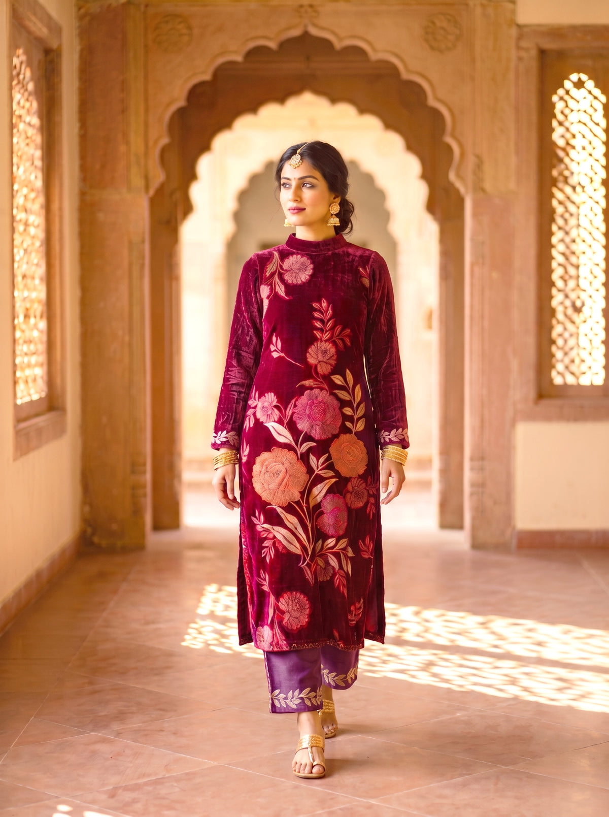 SAFAA Momin 02 Women's Unstitched Acro Wool Velvet Pakistani Suit Dress Material – Maroon – front