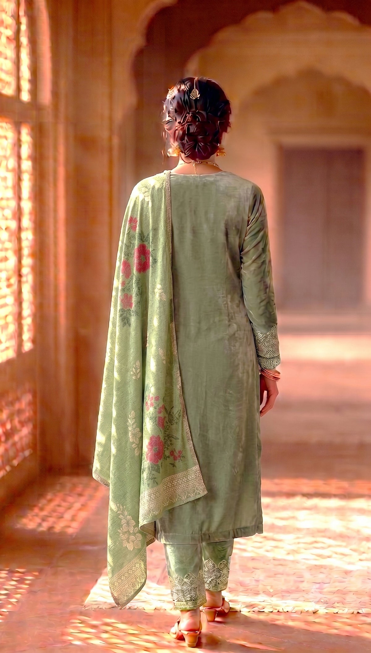 SAFAA Hafsa 02 Women's Unstitched Acro Wool Velvet Pakistani Suit Dress Material – Mehndi Green – view 2