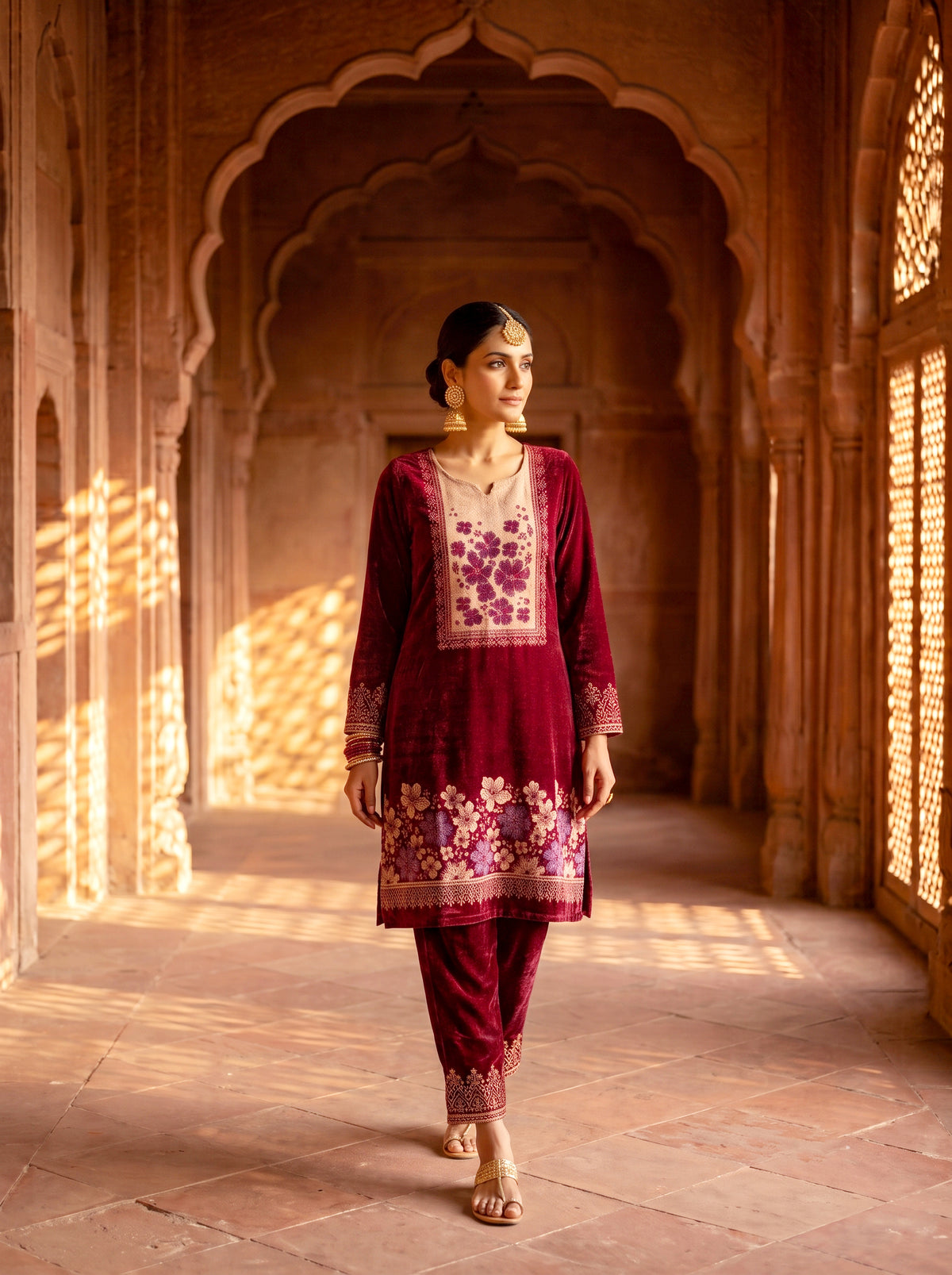 SAFAA Hafsa 01 Women's Unstitched Acro Wool Velvet Pakistani Suit Dress Material – Maroon – front