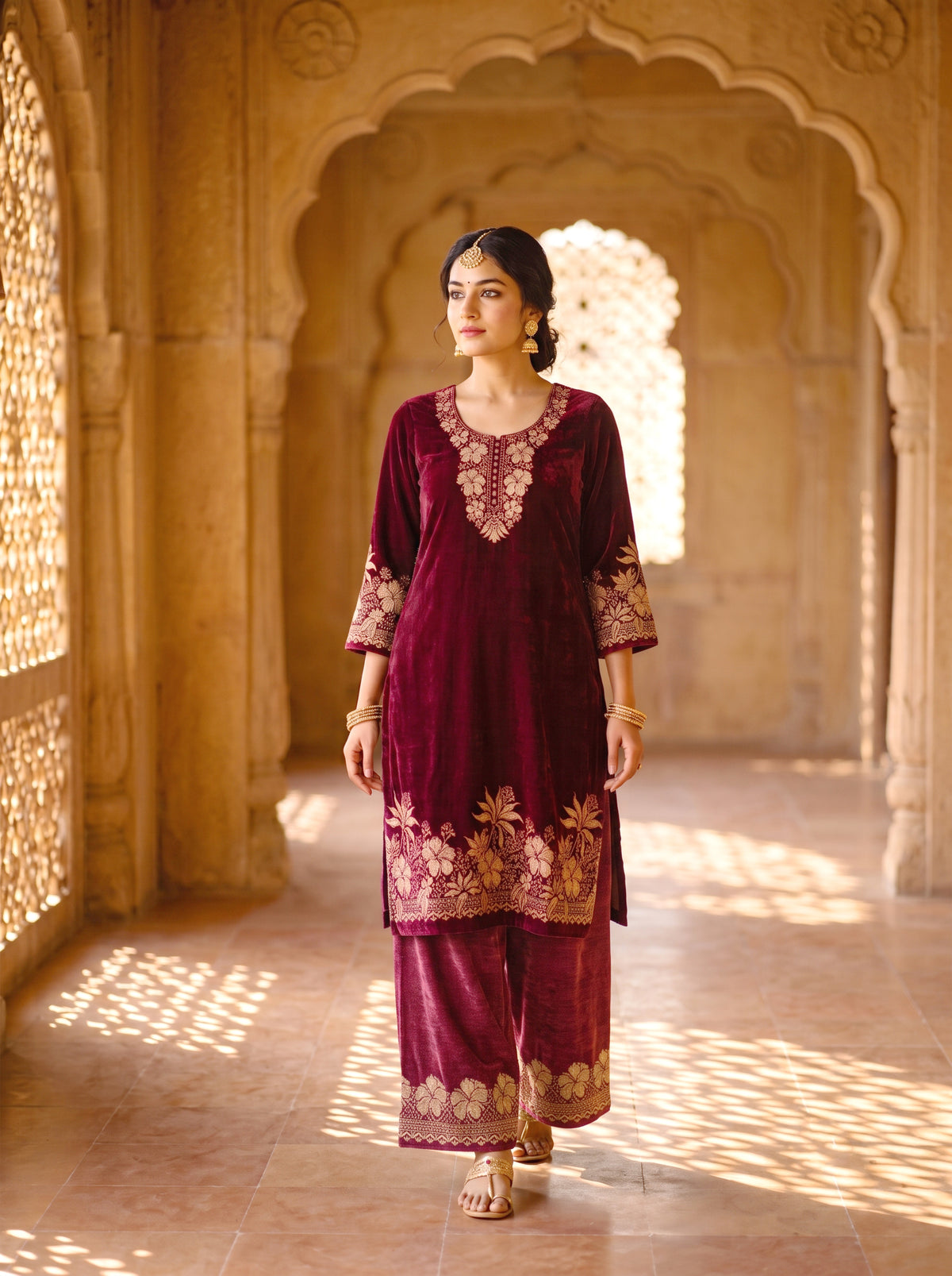 SAFAA Faiza 02 Women's Unstitched Acro Wool Velvet Pakistani Suit Dress Material – Maroon – front