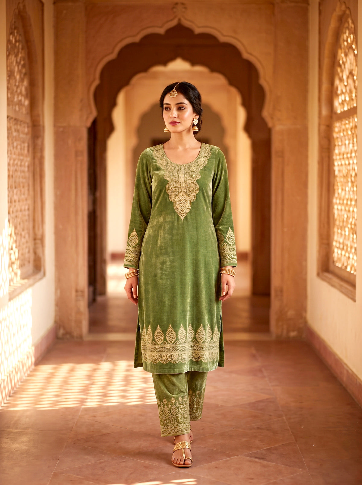 SAFAA Faiza 01 Women's Unstitched Acro Wool Velvet Pakistani Suit Dress Material – Olive – front