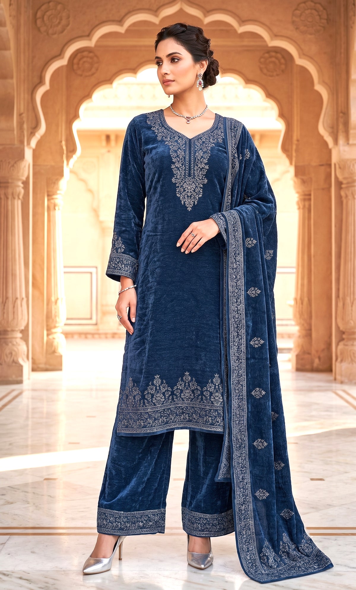 SAFAA Rumi 01 Women's Unstitched Acro Wool Velvet Pakistani Suit Dress Material – Air Force Blue – front