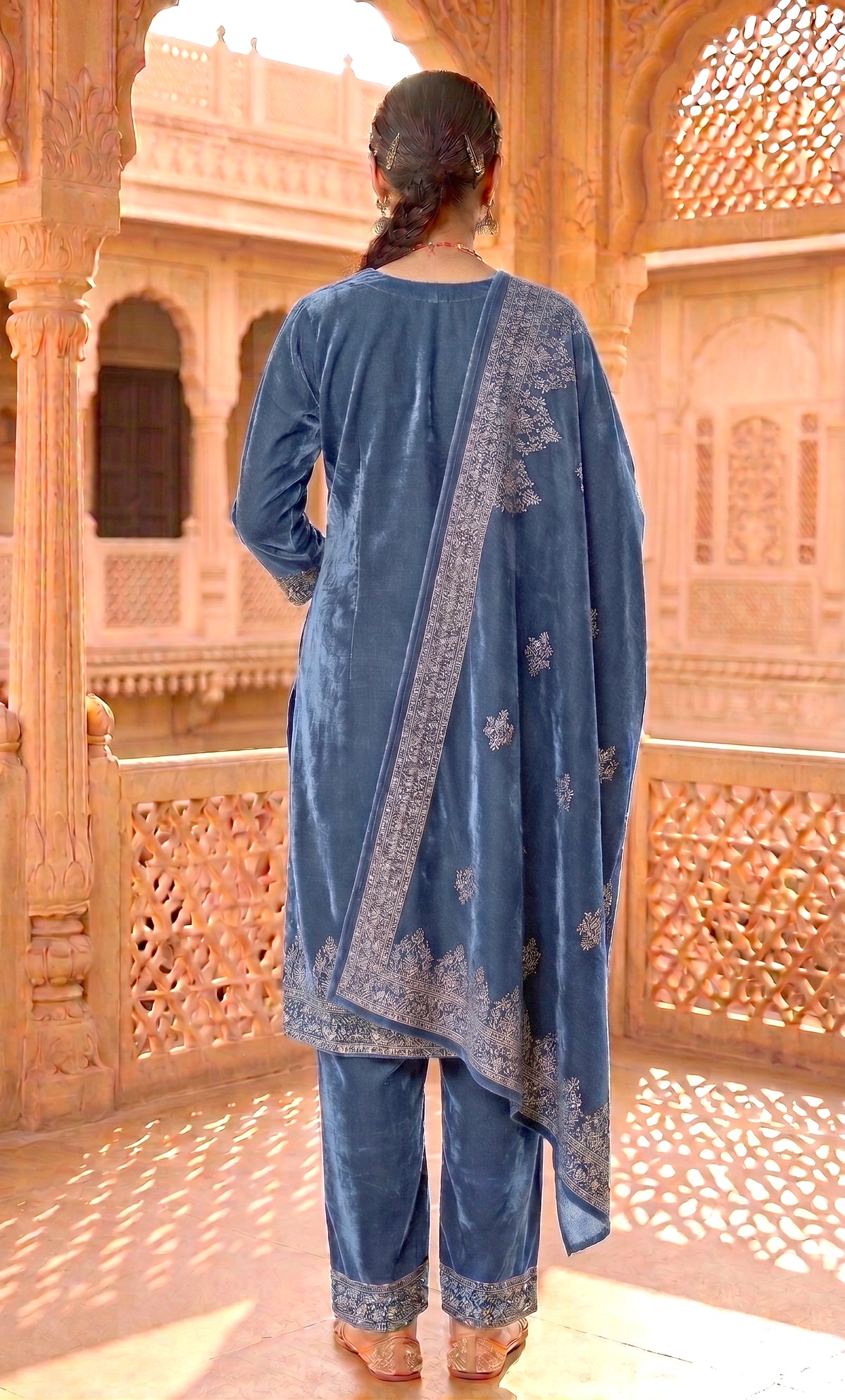 SAFAA Rumi 01 Women's Unstitched Acro Wool Velvet Pakistani Suit Dress Material – Air Force Blue – view 2