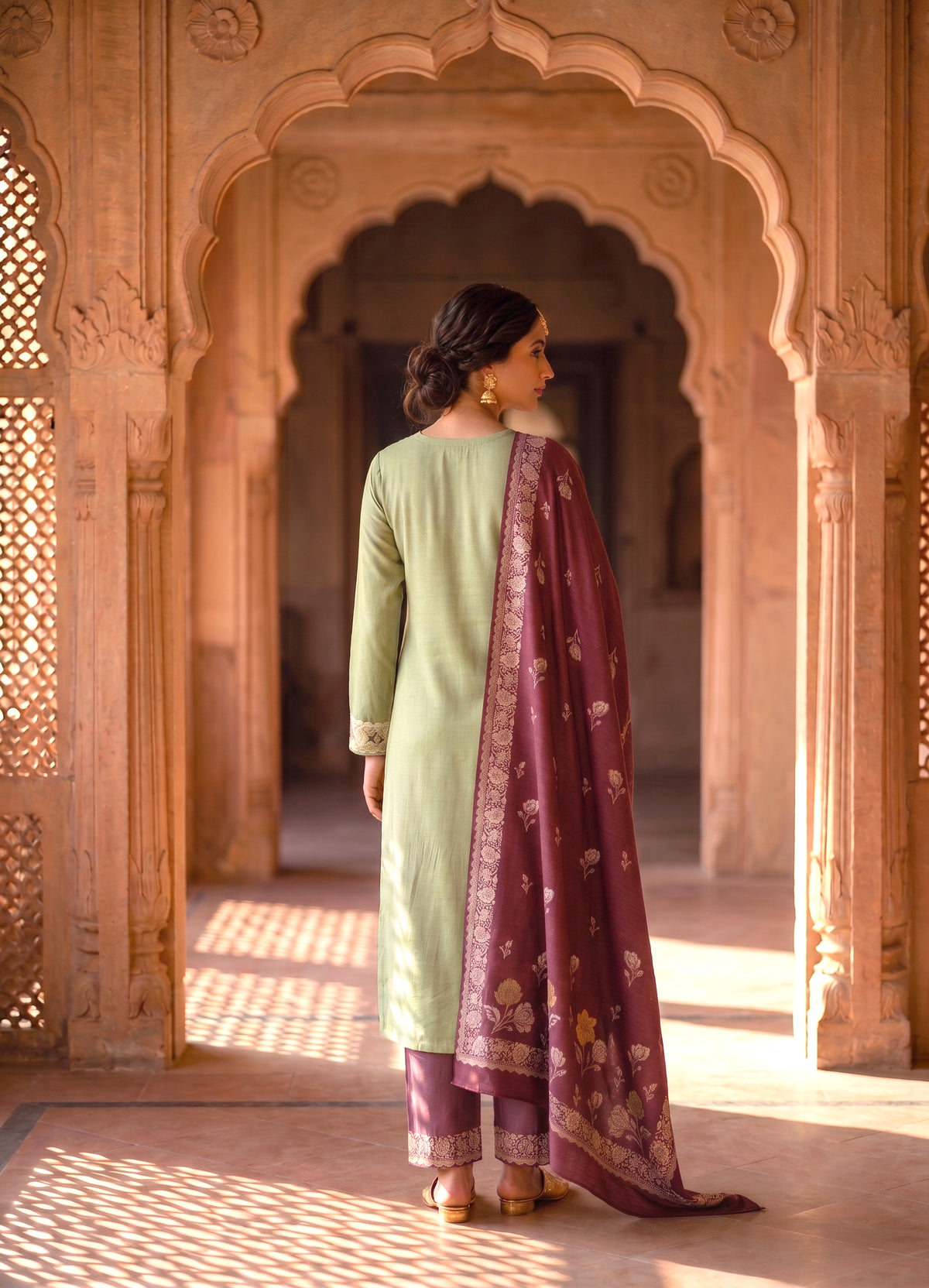 SAFAA Sufi 01 Women's Unstitched Woolen Suit Dress Material – Mehndi Green – view 2