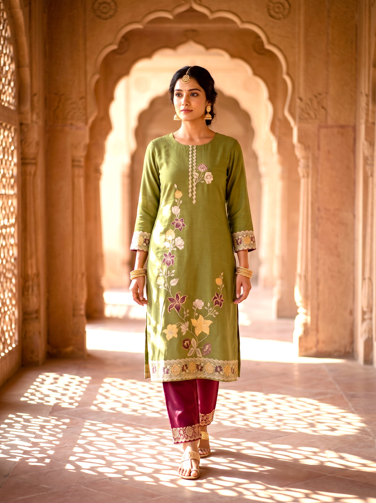 SAFAA Sufi 01 Women's Unstitched Woolen Suit Dress Material – Mehndi Green – front