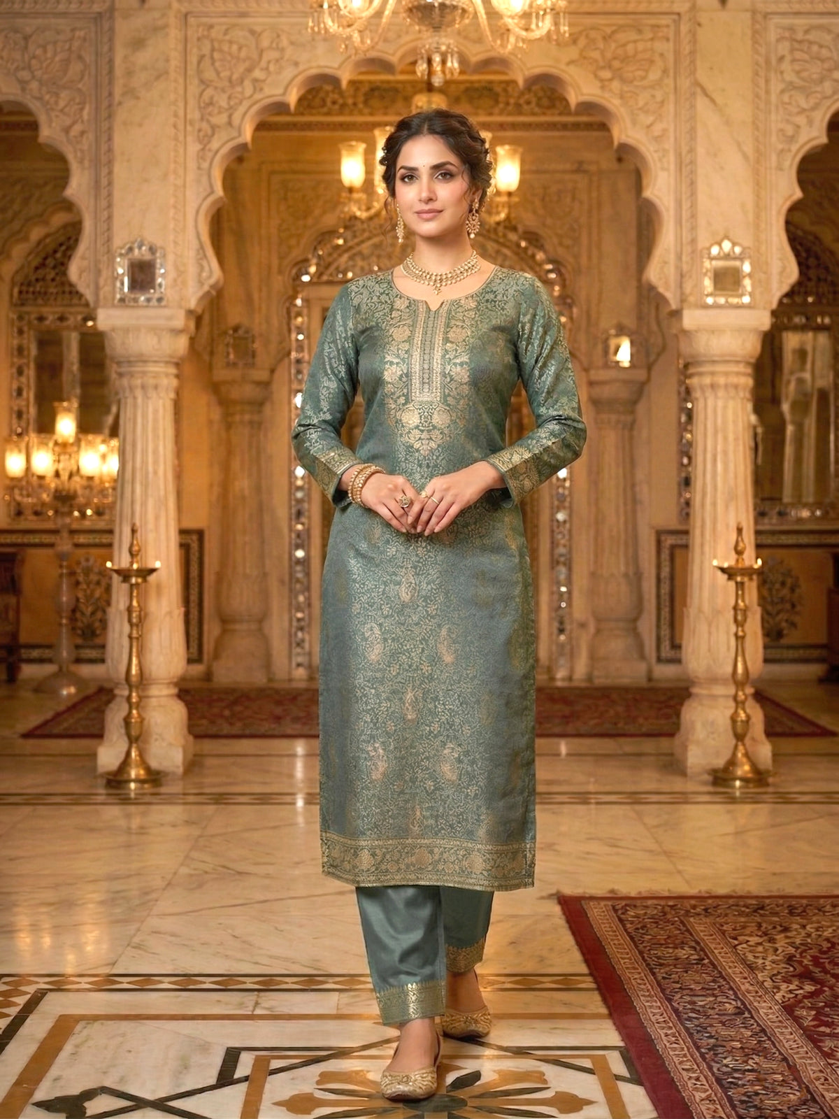 SAFAA Zurani 21 Women's Unstitched Woolen Suit Dress Material – Bottle Green – front