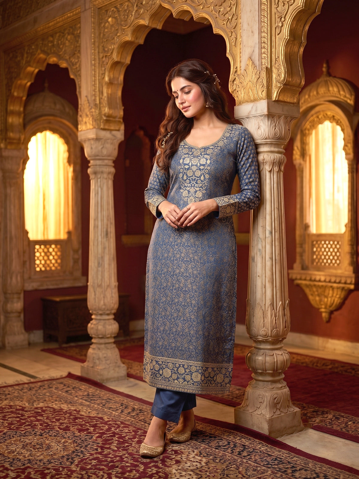 SAFAA Zurani 23 Women's Unstitched Woolen Suit Dress Material – Air Force Blue – front