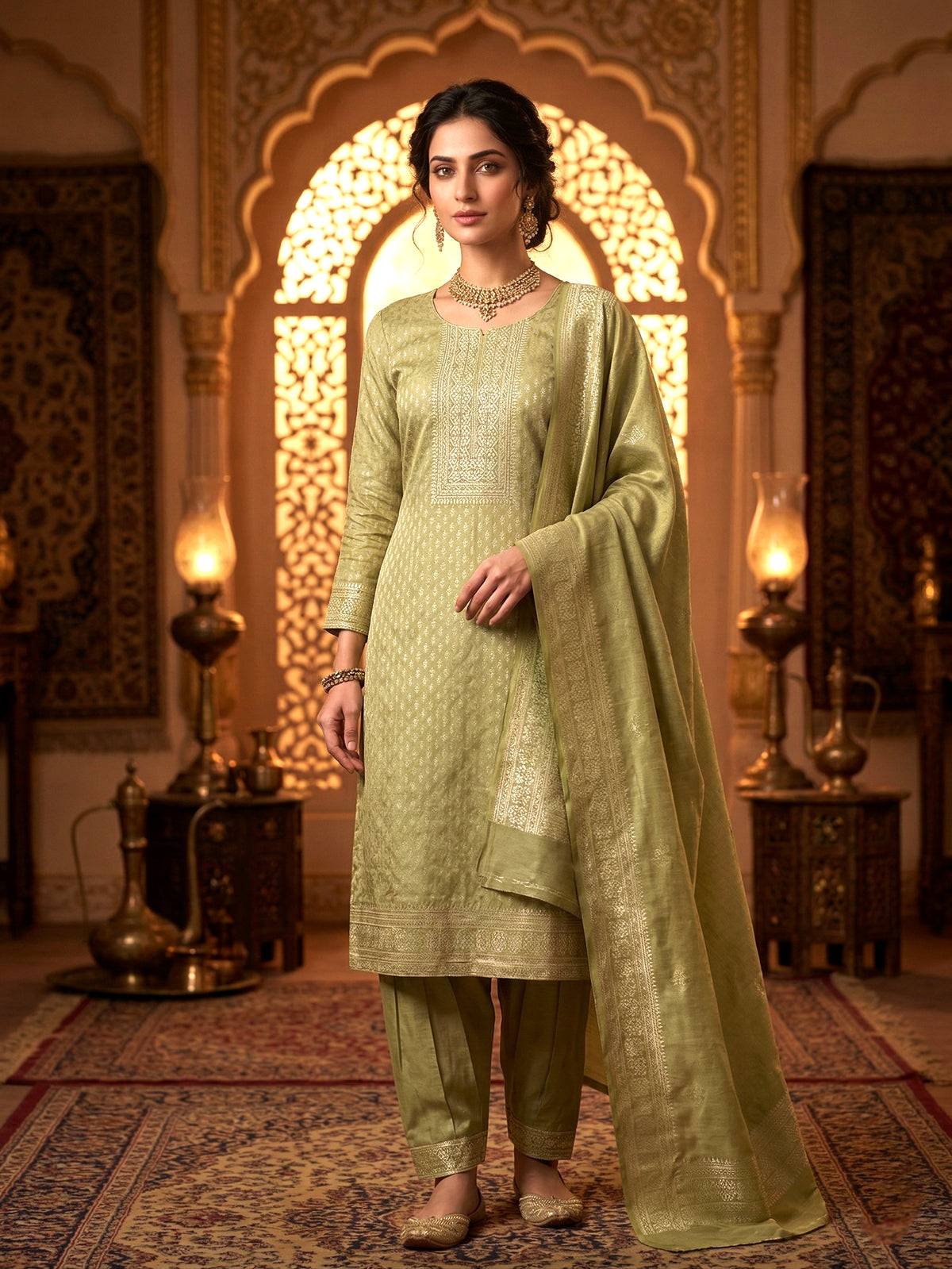 SAFAA Zurani 18 Women's Unstitched Woolen Suit Dress Material – Mehndi Green – front