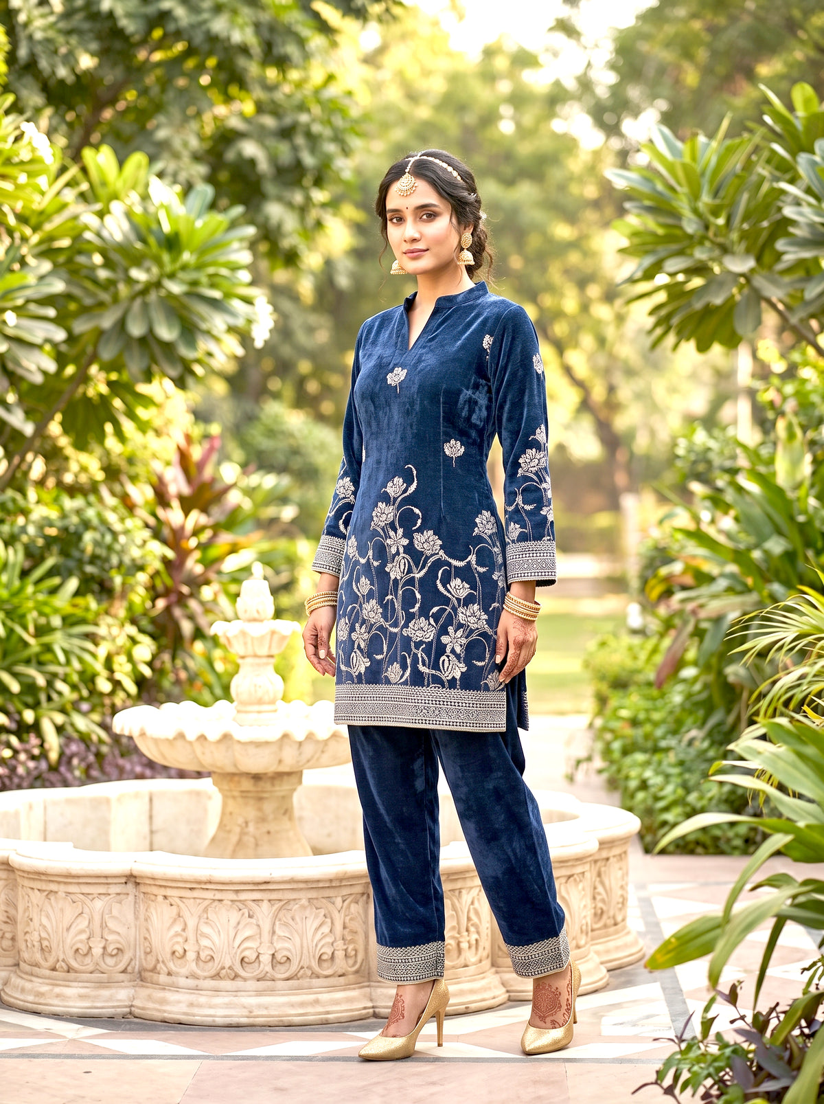 SAFAA Fida 04 Women's Velvet Kurta &amp; Pants Co-Ord Set – Air Force Blue – front
