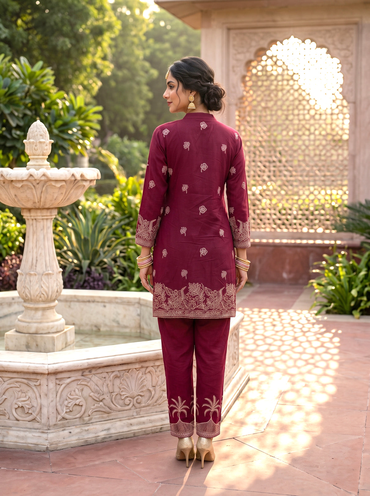 SAFAA Fariyah 21 Women's Woolen Kurta &amp; Pants Co-Ord Set – Dark Maroon – view 2