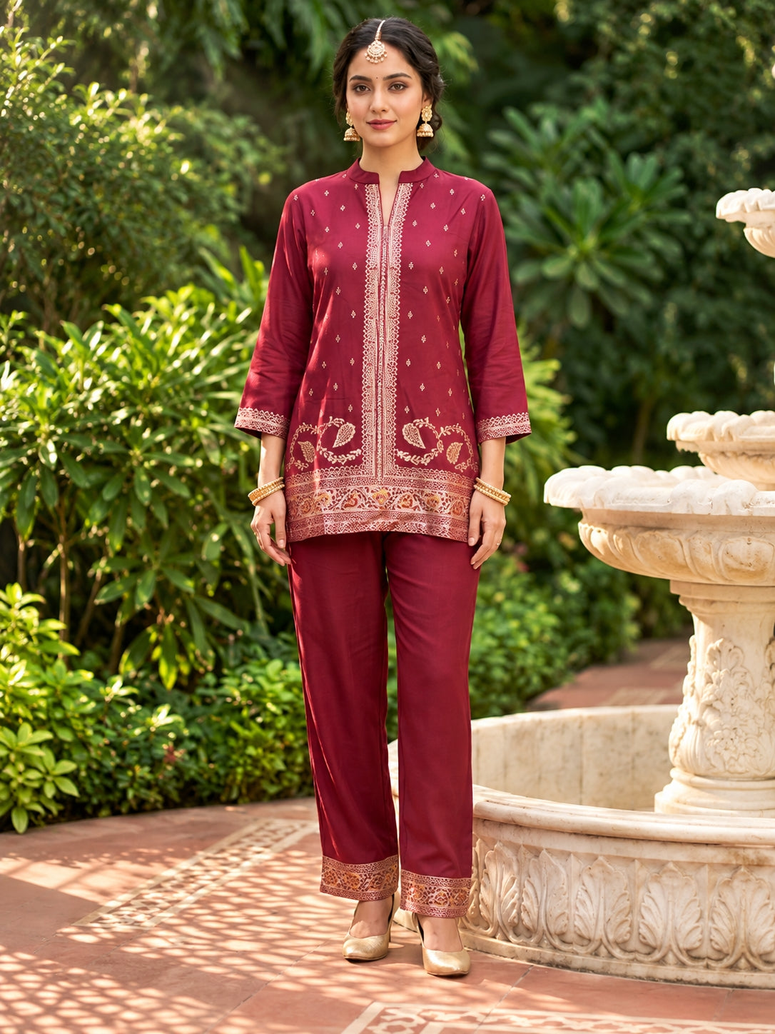SAFAA Fariyah 19 Women's Woolen Kurta &amp; Pants Co-Ord Set – Dark Maroon – front