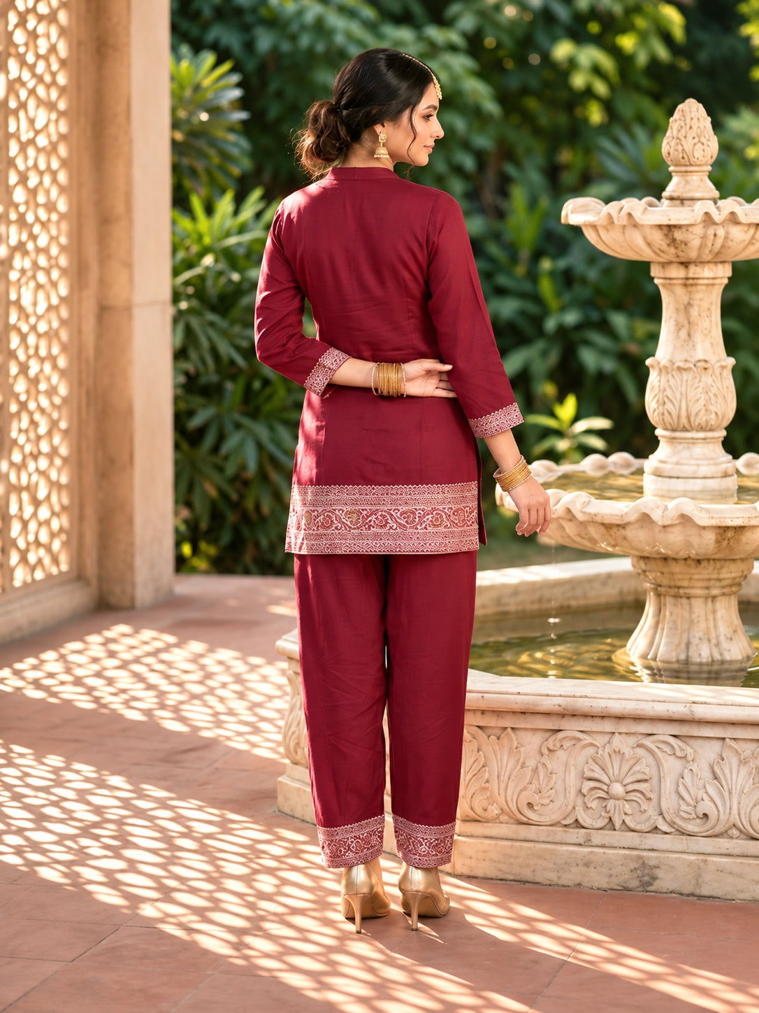 SAFAA Fariyah 19 Women's Woolen Kurta &amp; Pants Co-Ord Set – Dark Maroon – view 2