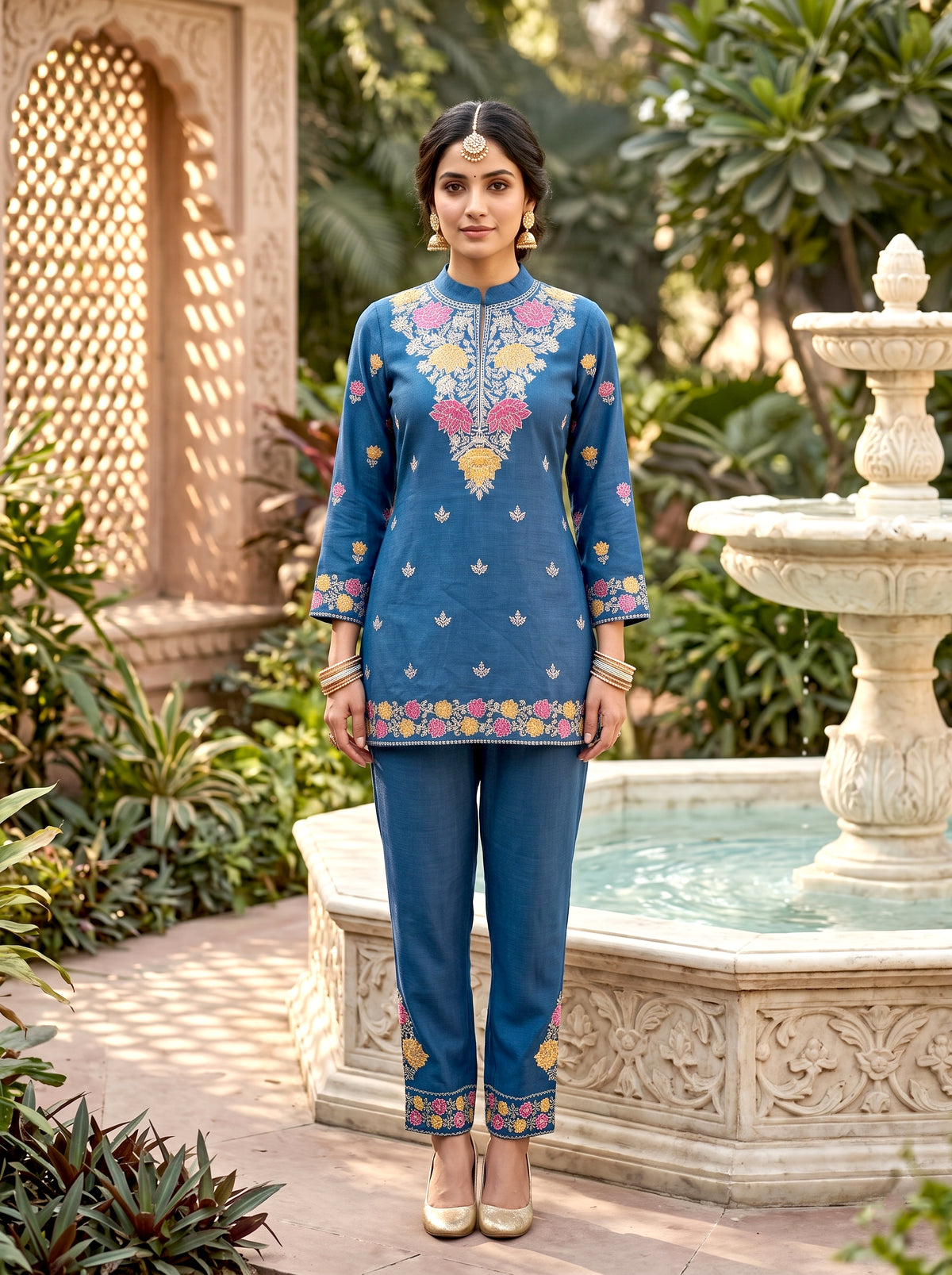 SAFAA Fariyah 25 Women's Woolen Kurta &amp; Pants Co-Ord Set – Air Force Blue – front