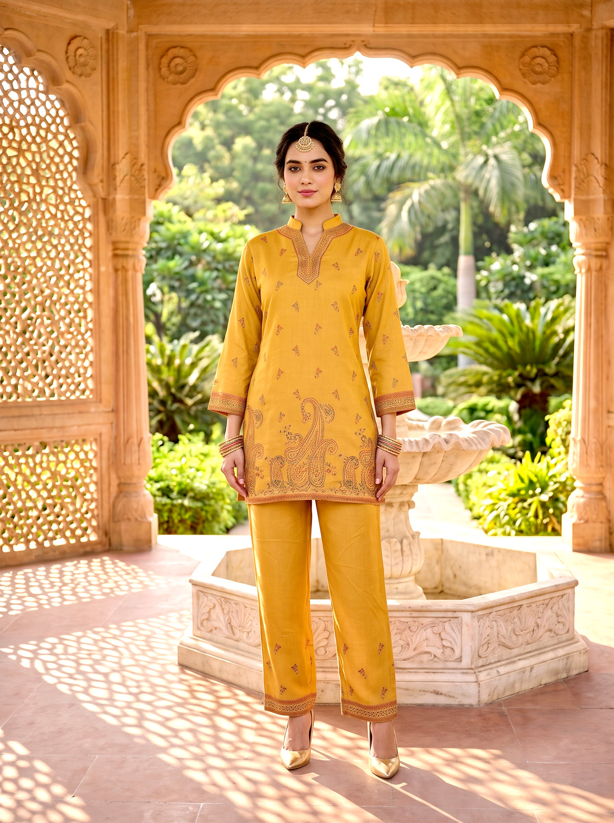 SAFAA Fariyah 24 Women's Woolen Kurta &amp; Pants Co-Ord Set – Mustard – front