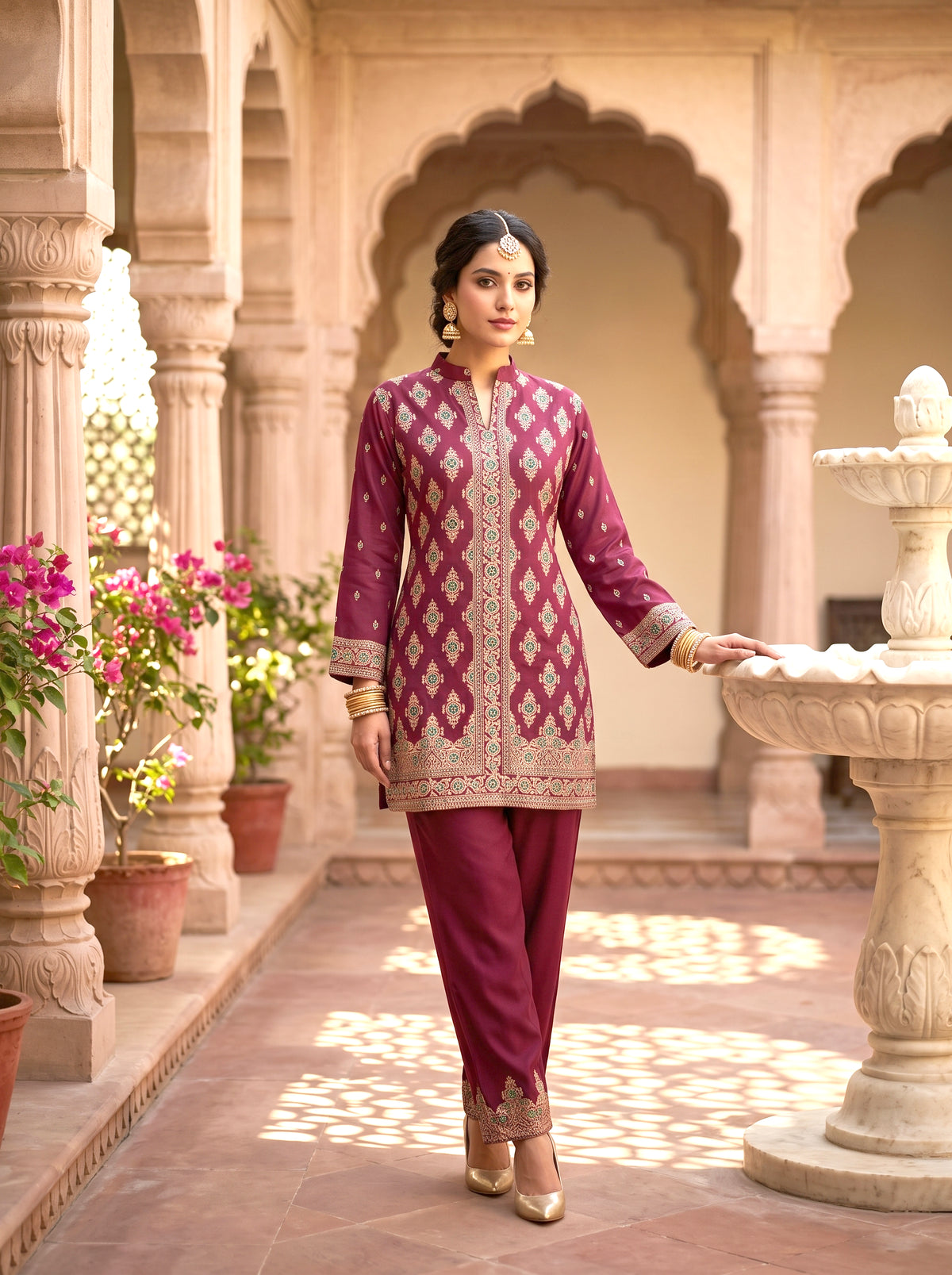 SAFAA Fariyah 01 Women's Woolen Kurta &amp; Pants Co-Ord Set – Wine – front