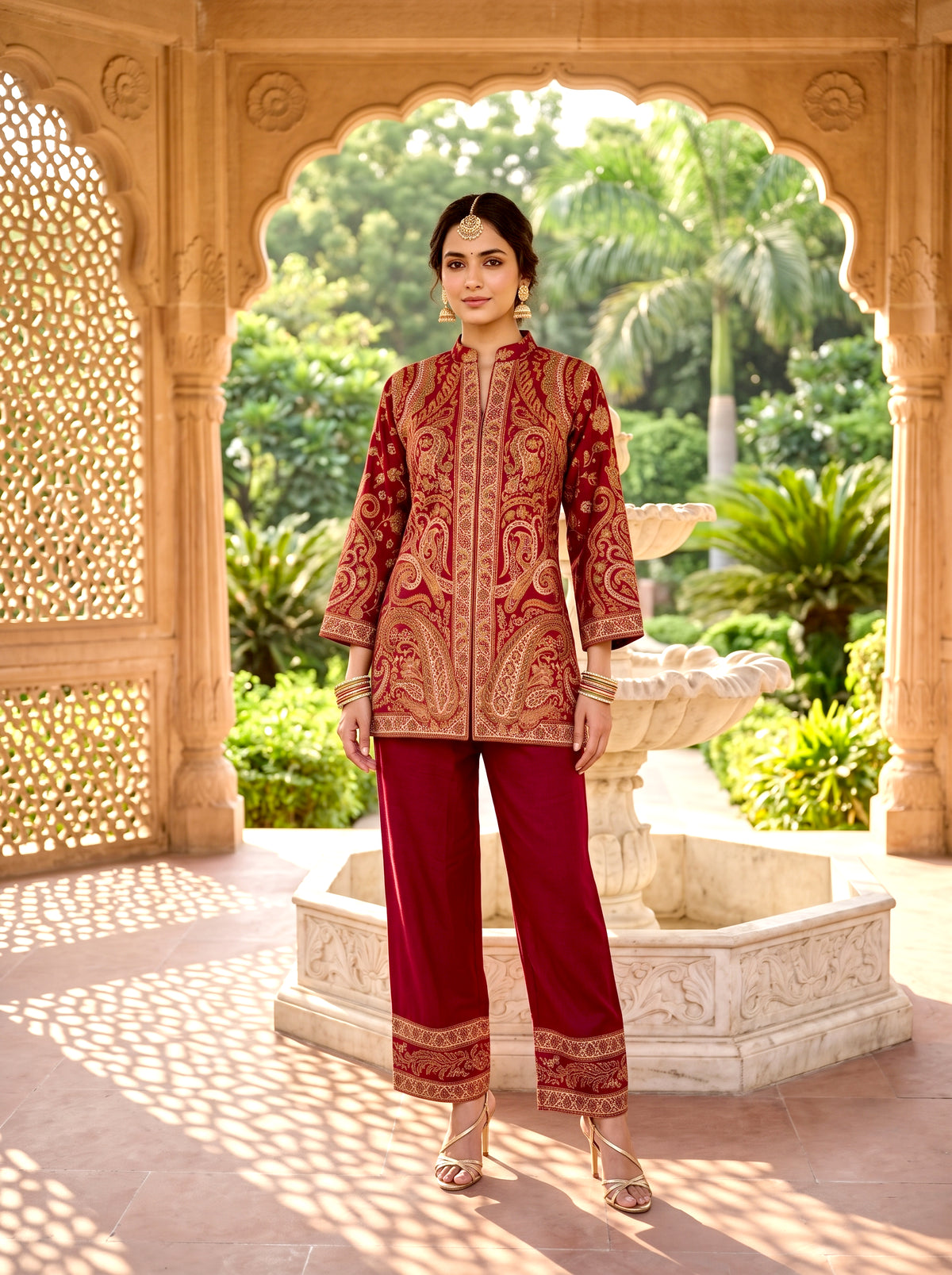 SAFAA Fariyah 11 Women's Woolen Kurta &amp; Pants Co-Ord Set – Rose Red – front