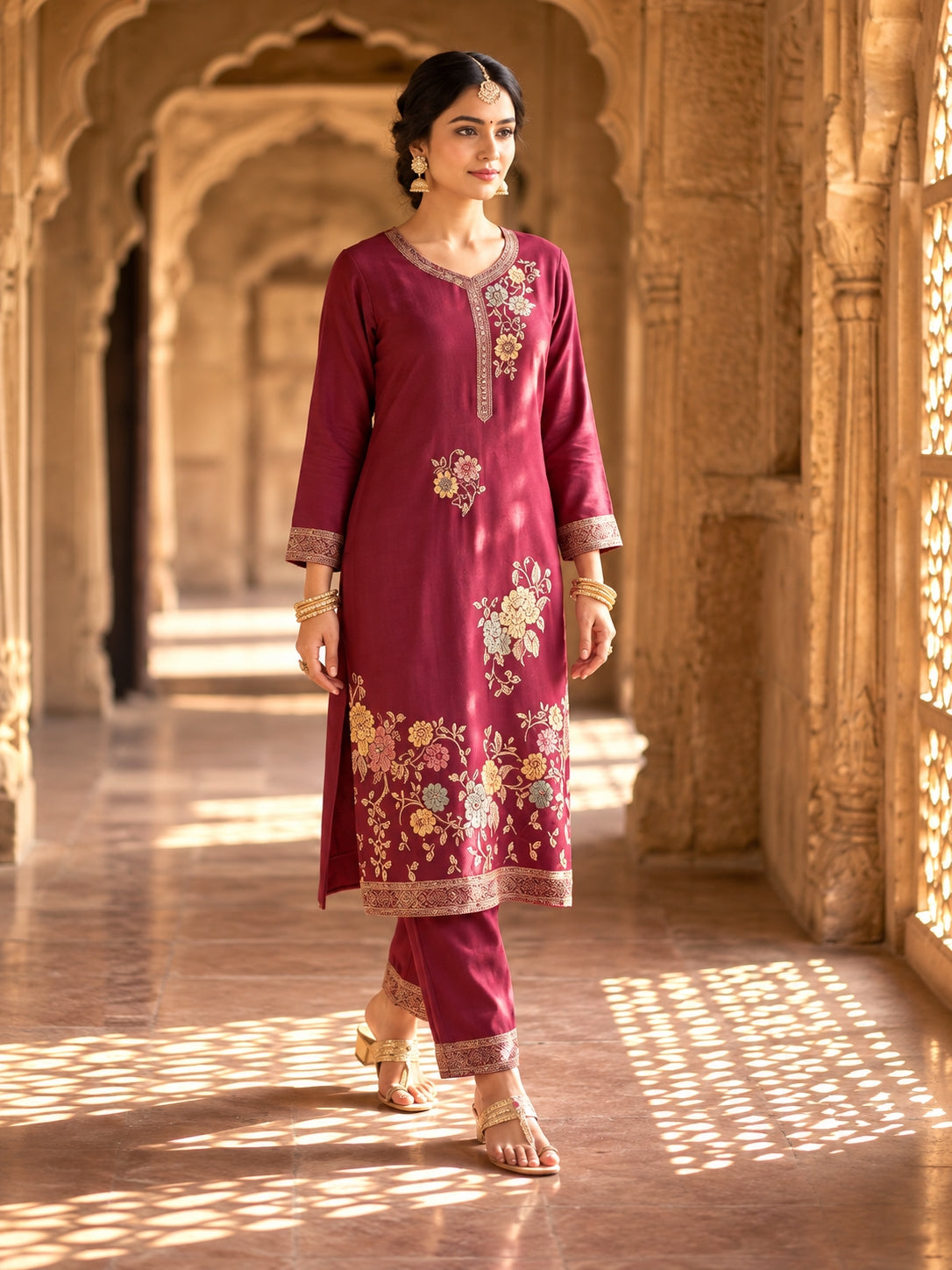 SAFAA Rehmat 01 Women's Unstitched Woolen Suit Dress Material – Wine – front