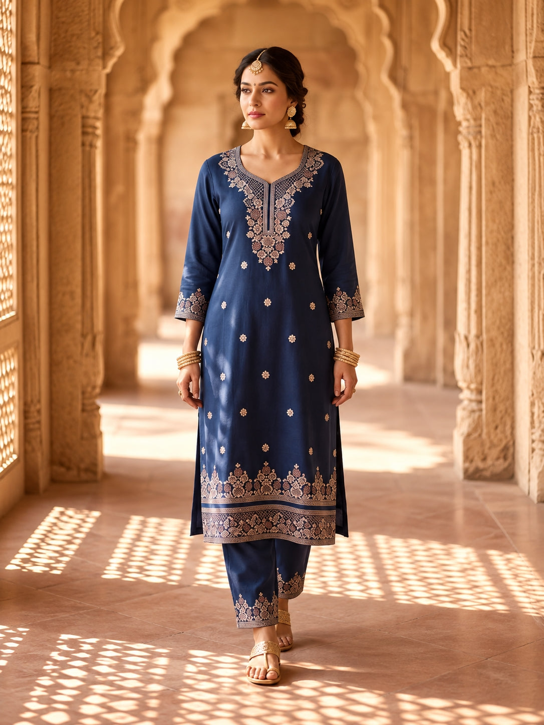 SAFAA Kusum 04 Women's Unstitched Woolen Suit Dress Material – Navy Blue – front