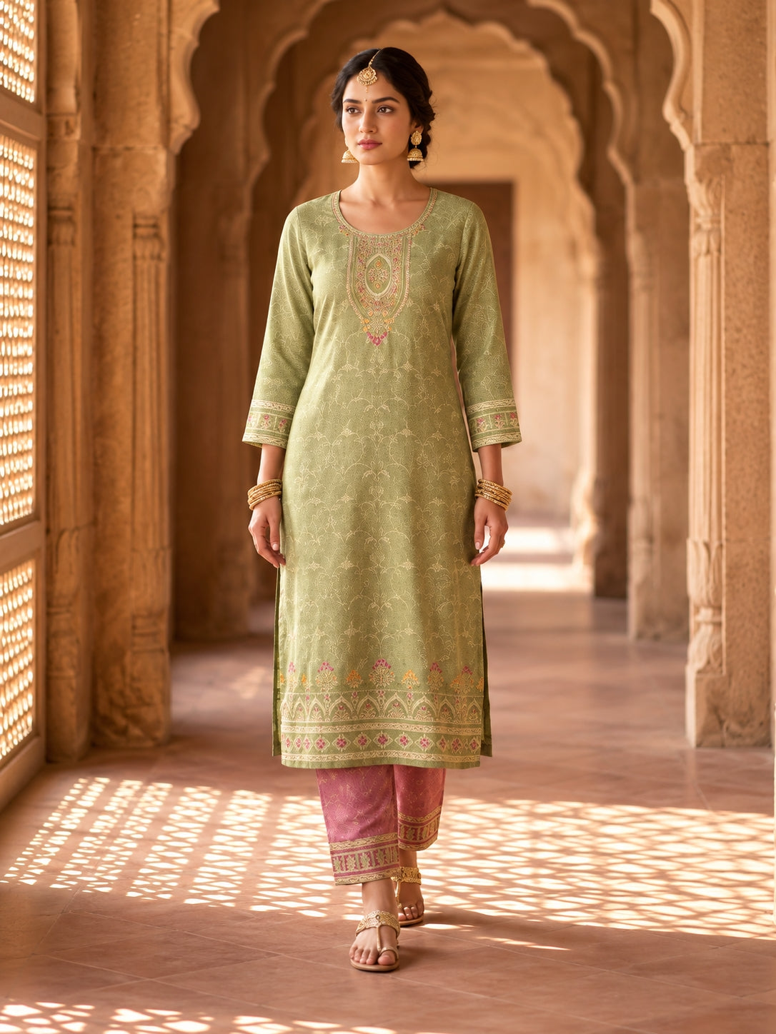 SAFAA Zehra 04 Women's Unstitched Woolen Suit Dress Material – Mehndi Green – front