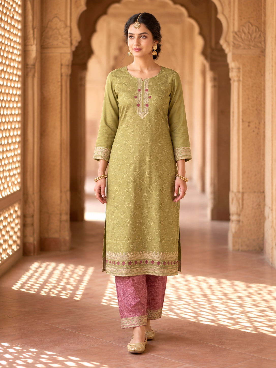SAFAA Irham 10 Women's Unstitched Woolen Suit Dress Material – Mehndi Green – front