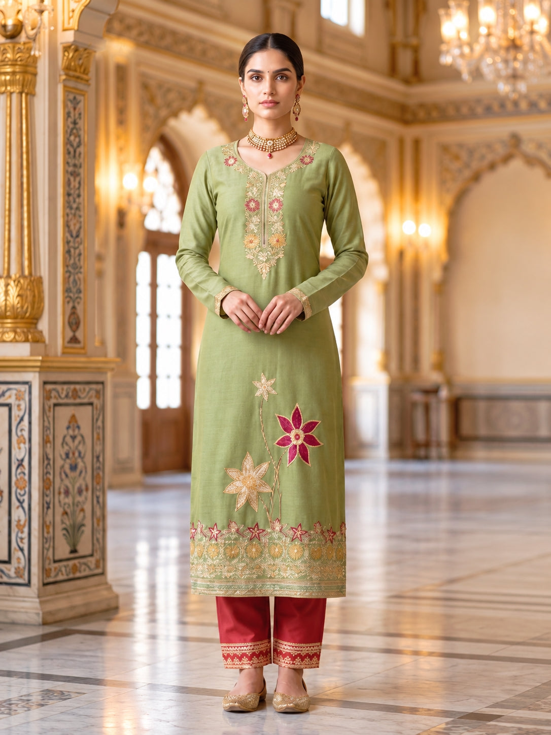 SAFAA Sofia 01 Women's Unstitched Woolen Suit Dress Material – Pista Green – front
