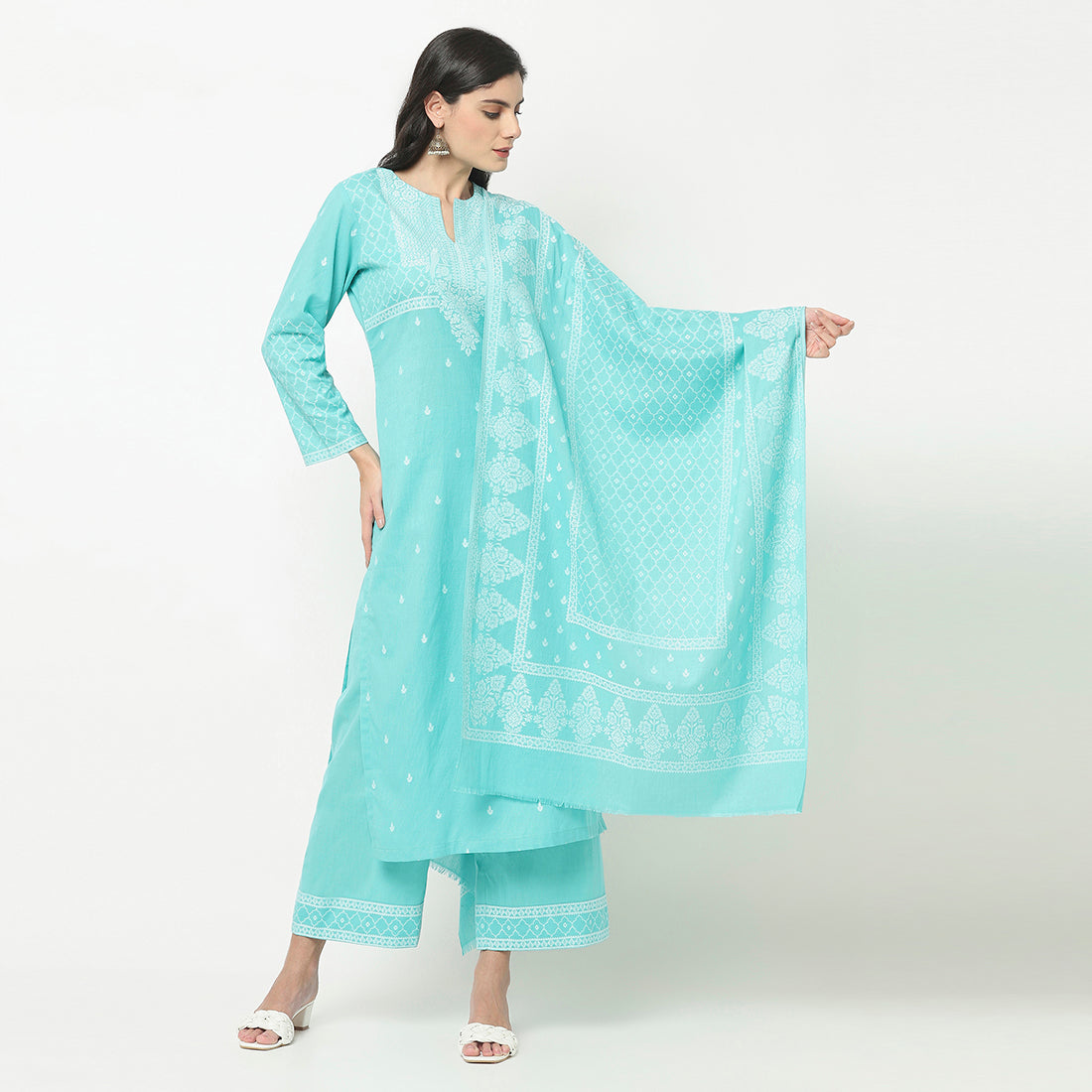 Cotton Woven Chikankari Design Unstitched Dress Material With dupatta