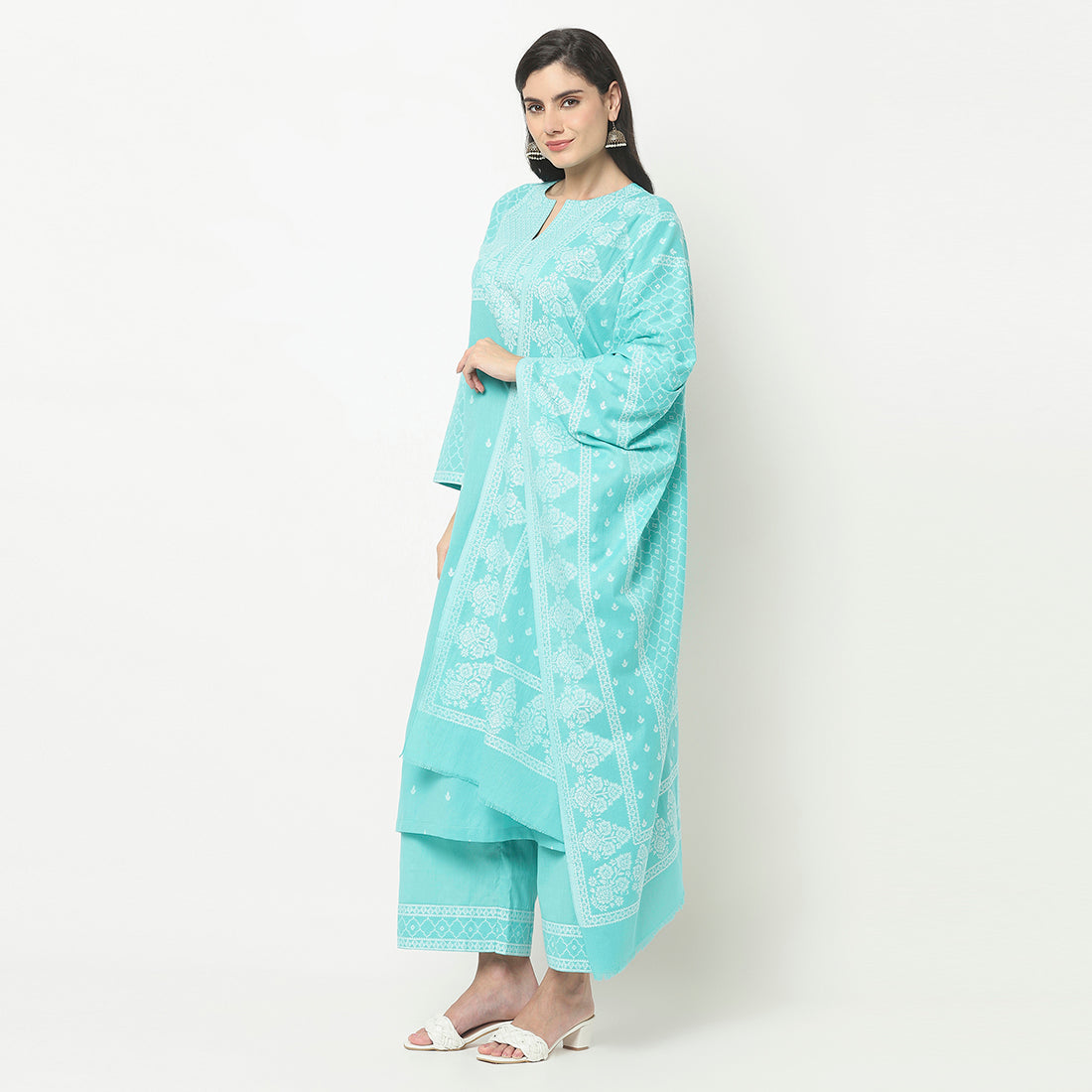 Cotton Woven Chikankari Design Unstitched Dress Material With dupatta