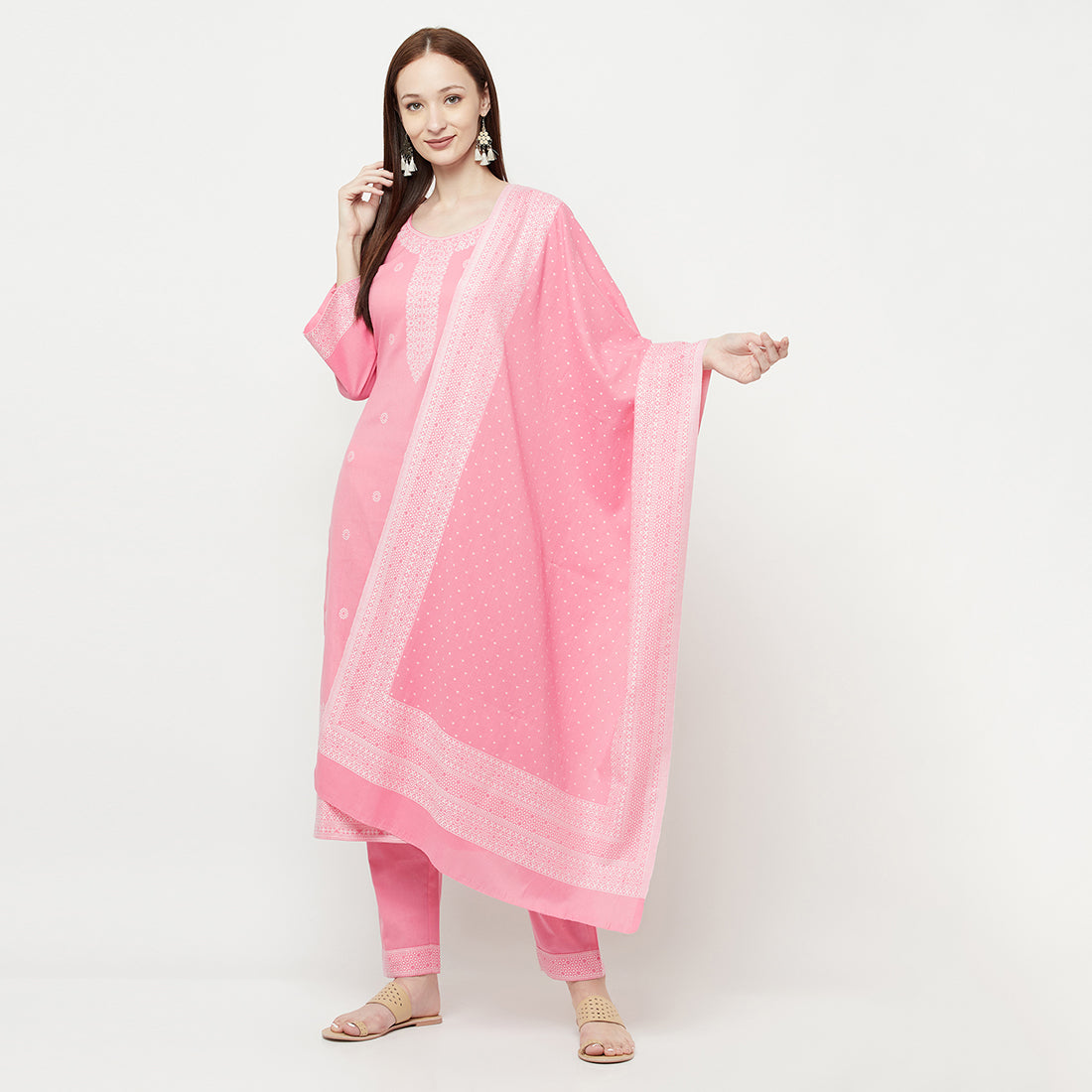 COTTON WOVEN CHIKANKARI PINK DRESS MATERIAL WITH DUPATTA