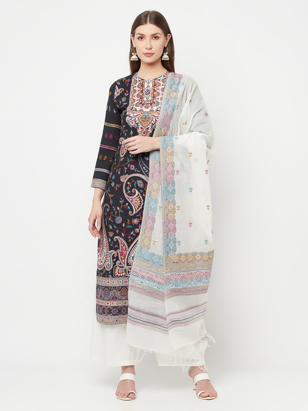 Safaa Women Cotton Woven Design Unstitched Dress Material With Contrast Dupatta